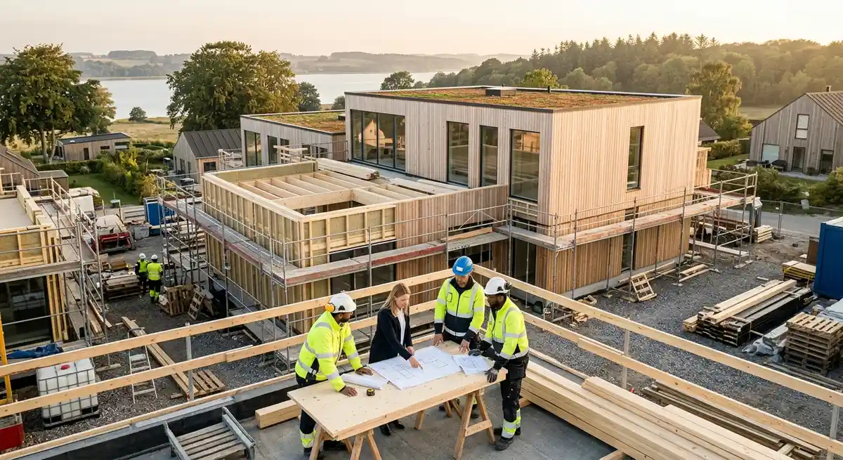 Arkitekter og håndværkere på en moderne dansk byggeplads med fokus på bæredygtigt byggeri i træ